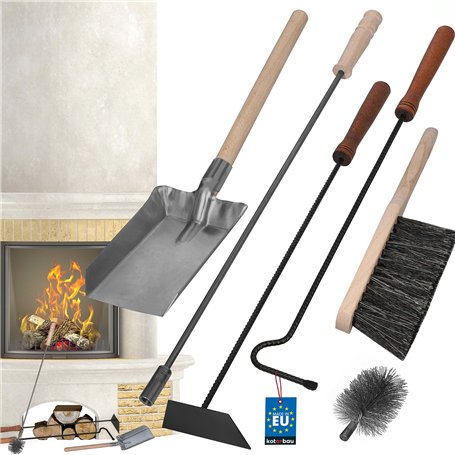 KOTARBAU® Lot de 5 ustensiles de cheminée avec tisonnier - Balai - Manche en bois - Accessoire de cheminée - Métal revêtu par pu