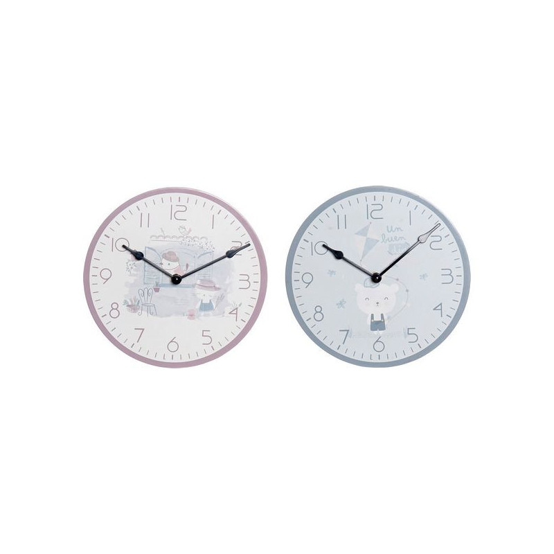 Horloge Murale DKD Home Decor Bleu Rose Bois Métal Plastique Bois MDF Enfant Oiseau 24 x 3 x 24 cm (2 Unités)