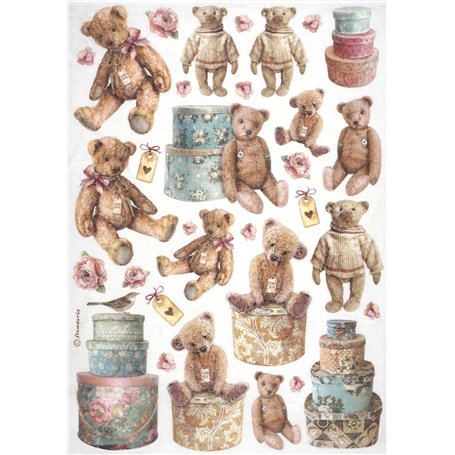 Stamperia Papier de riz A4 pour découpage - Ours en peluche - Motif vintage fantaisiste
