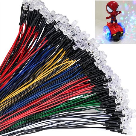 Lot de 50 diodes électroluminescentes LED transparentes pré-câblées 3 mm 12 V 12 V tête ronde 5 couleurs blanc