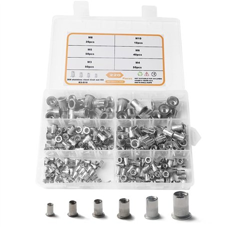 220PCS Écrous Aveugles Ecrou Rivet Ecrous à Riveter Acier Inoxydable Insert ​Fileté Écrou à Sertir Tête Plat M3 M4 M5 M6 M8 M10