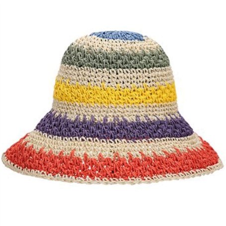 jiheousty Femmes Été À La Main Crochet Paille Chapeau De Soleil Arc-en-Ciel Rayures Colorées Patchwork Large Bord Crème Solaire