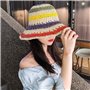jiheousty Femmes Été À La Main Crochet Paille Chapeau De Soleil Arc-en-Ciel Rayures Colorées Patchwork Large Bord Crème Solaire 