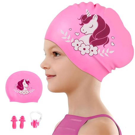 Bonnet de Bain Enfant Licorne en Silicone Bonnet Natation Imperméable Bonnet Piscine pour Fille Cheveux Longs avec Bouchons d'or