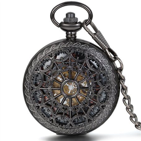 JewelryWe Montre de Poche Gousset Squelette Mécanique Manuel Rayure Toile d'Araignée Chiffres Romains Pendentif Collier Alliage