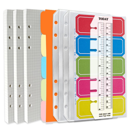 DY.2ten Lot de recharges A6 à 6 trous – 135 feuilles (270 pages) de papier graphique + 2 pochettes A6 à fermeture éclair + 5 int