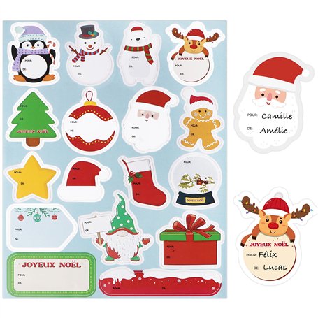 85Pcs Étiquette Autocollant Noël en Français Joyeux Noël 17 Formes Père Noël Bonhomme Neige Renne Sapin Sticker Auto-adhésif pou