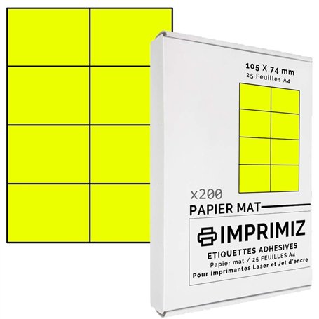 200 étiquettes autocollantes Jaune fluo de 105 X 74 mm - 8 étiquettes/feuille - 25 planches papier A4 adhésif couleur - pour imp