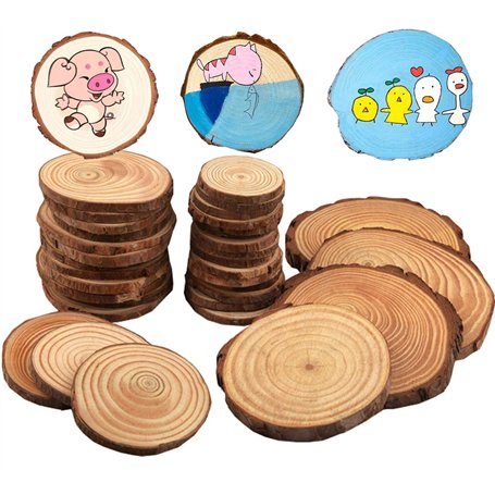 Liuer Tranches de Bois Naturel 60PCS Rondin Rondelle Rond en Bois Craft Wood kit Inachevé pour Les Arts l'artisanat Décorations