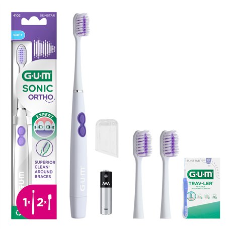 GUM SONIC ORTHO Brosse à dents sonique électrique à piles | Conçue pour les appareils | Douce avec les dents et les gencives | X