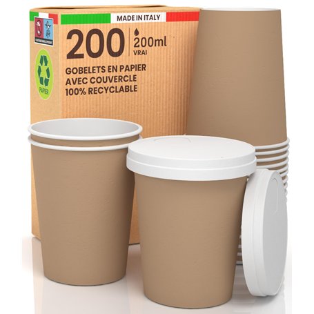 200 verres à café à emporter en papier Havane 200 ml avec couvercle en papier boissons chaudes et froides