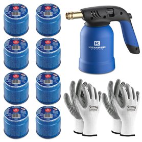 Kemper Brûleur à souder + 8 bouteilles de gaz butane sécurisées + 2 gants