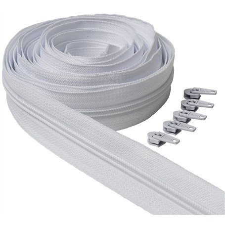 IPEA Fermeture éclair Blanche Chaîne Continue de 5 Mètres + 15 Curseurs en Métal – Chaîne Mesure #5 – Charnières en Nylon – Zip