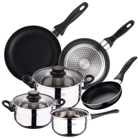 San Ignacio PK669 Batterie de Cuisine Sip 5 Pièces Casserole + Deux Faitouts avec Couvercle de Verre avec Set de 3 Poêles Ø16/20