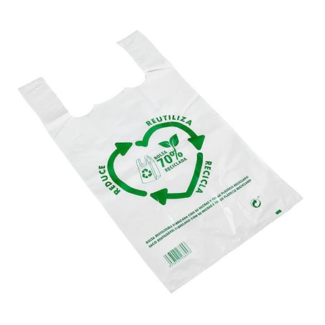 Sac plastique. Sacs à anse en plastique 40x50cm. Sacs T-shirt 50 microns 70% recyclés 40x50 BLANC. Sacs en plastique avec poigné