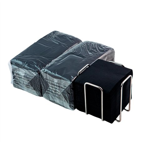 Lot de 300 serviettes cocktail en papier noir + porte-serviettes de table en acier inoxydable - Texture micro-point - Plus épais