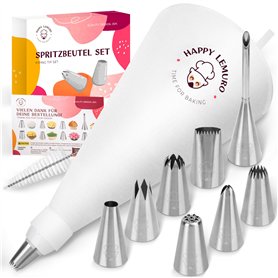 Happy Lemuro Poche à Douille Premium en Coton avec 8 Douilles en Inox. Sac à Poche de 40 cm, Lavable au Lave-vaisselle et Réutil Happy Lemuro Poche à Douille Premium en Coton avec 8 Douilles en Inox. Sac à Poche de 40 cm