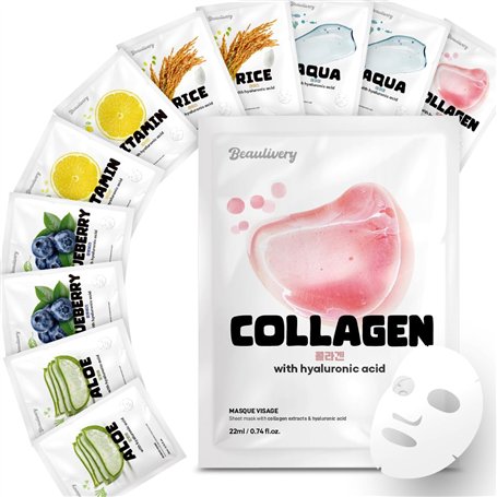 BEAULIVERY Masque Visage 12 Pièces avec Acide Hyaluronique Set de 6 variétés x 2