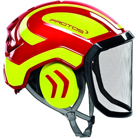 Protos Casque de sécurité intégral arborist - Équipement : visière fine - Couleur : rouge/jaune