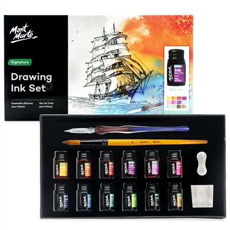 Mont Marte Calligraphie Set 16 pièces – Porte-Plume avec Plume et Encre – Contient 12 x 7ml d'Encre