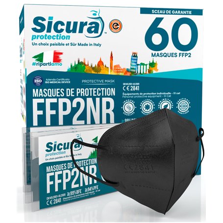 60 masques FFP2 Certifié CE NOIR Fabriqué en Italie BFE ≥99% Sanitized Masque FFP2 italien scellé individuellement EN 149:2001+A