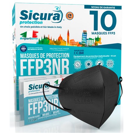 SICURA MASCHERINE CHIRURGICHE 10x Masque FFP3 Noir certifié CE fabriqué en Italie Haute Filtration Plus élevée BFE ≥99% PFE≥99%