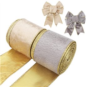 Lot de 2 rouleaux de rubans de Noël en velours doré et argenté avec bordure dorée, rubans en velours pour emballage de Noël, tra Lot de 2 rouleaux de rubans de Noël en velours doré et argenté avec bordure dorée