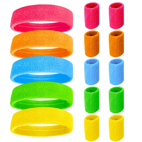 Bandeau et Bracelet Fluo Années 80 - 5 Pcs Bandeau et 10 Pcs Bracelet Neon - Accessoires Sportifs Anti-Transpiration Pour Homme