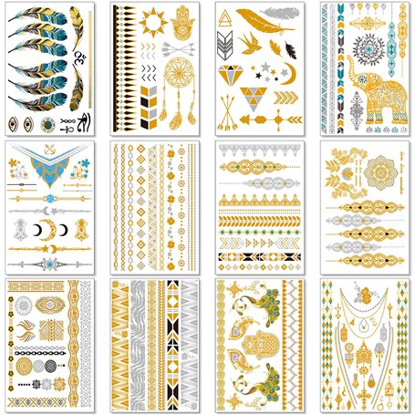 Transfert Temporaire Métalliques Tatouages Pour Les Femmes Teens Filles - 12 Feuilles Or Argent Tatouages Temporaires Briller Bi