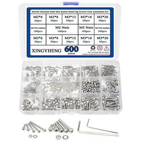 BGTXINGI Assortiment de 600 vis à tête hexagonale M2/M3 en acier inoxydable 304 avec 2 clés hexagonales