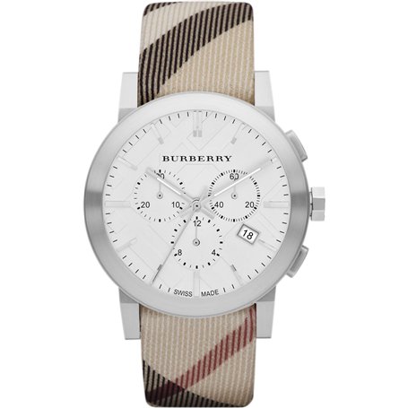 Burberry BU9357 Montre unisexe pour homme et femme en acier inoxydable avec cadran blanc à carreaux en tissu (cuir authentique)