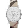 Burberry BU9357 Montre unisexe pour homme et femme en acier inoxydable avec cadran blanc à carreaux en tissu (cuir authentique)