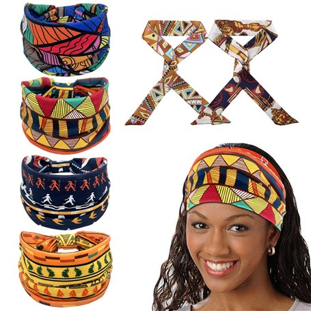 Lot de 4 bandeaux africains avec 2 bandeaux en soie - Foulards bohémiens - Imprimé rétro - Bandeau extensible - Bandeau de sport