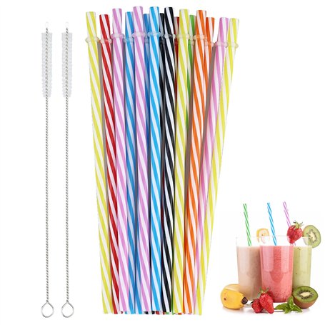 Lot de 16 pailles réutilisables en plastique épais à rayures sans BPA avec 2 brosses de nettoyage pour cocktails
