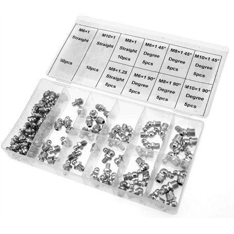 115x Boîte assortiments de graisseurs Raccords de Graisse M6 M8 M10 droit/45°/90°/180°