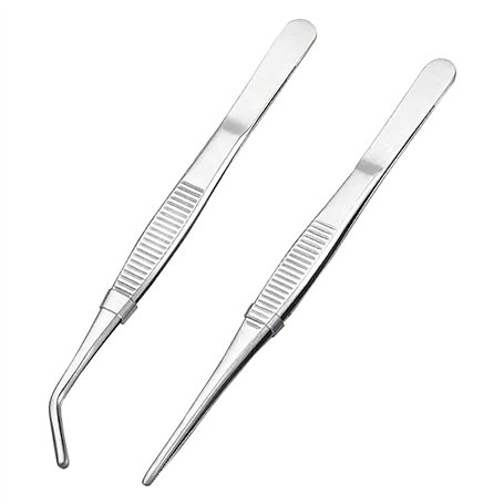 WOLMIK Lot de 2 pinces à épiler courbées en acier inoxydable 16 cm - Antidérapantes - Longues pinces droites et coudées - Pour a