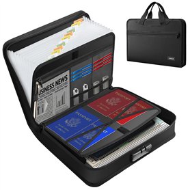 JUNDUN Porte-documents ignifuge avec serrure et poignée, porte-documents A4 avec 13 compartiments et fermeture éclair, porte-doc JUNDUN Porte-documents ignifuge avec serrure et poignée