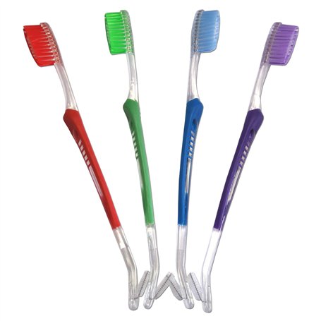Brosse à dents orthodontique (lot de 4) ~ avec coupe en V à double extrêmité avec brossette interdentaire pour appareils orthodo