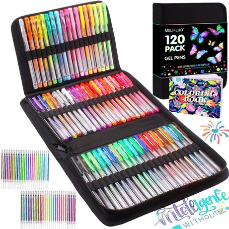 Melifluo Lot de 120 Stylos Gel Pailletés - 60 Couleurs avec 60 Recharges dans un Étui à Fermeture Éclair pour Coloriage Adulte e