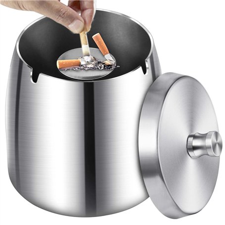 Cendrier d'extérieur avec couvercle à cigarettes - Grand cendrier coupe-vent - 10 × 9 × 10 - En acier inoxydable - Cendrier temp