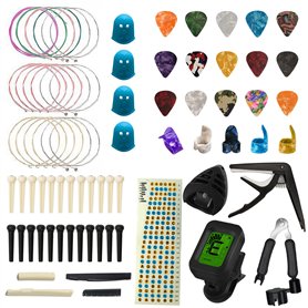 Kit Accessoire Guitare Acoustique, TTCR-II 75 Pièces avec Capodastre, 15 Mediator Guitare,3 set Cordes, Accordeur, Mediator Pouc Kit Accessoire Guitare Acoustique