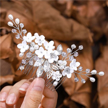 IYOU Peignes à cheveux de princesse pour mariée Fleur argentée Perle de cristal Accessoires pour filles et femmes