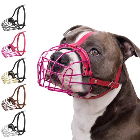 BRONZEDOG Pitbull Muselière pour Chien en métal Amstaff avec Sangles réglables en Cuir pour Grands Chiens (Rose)