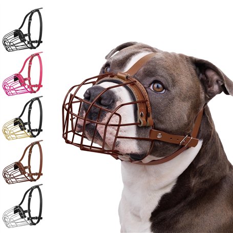 BRONZEDOG Pitbull Muselière pour Chien en métal avec Panier métallique avec Sangles réglables en Cuir pour Grands Chiens (Marron
