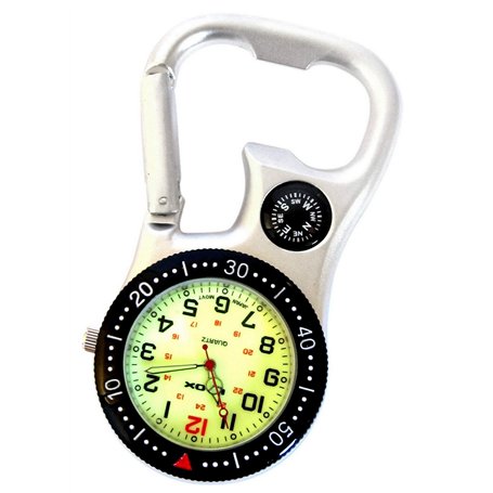 Klox Montre FOB Unisexe Visage Lumineux Vert Boussole Ouvre-Bouteille Analogique Mouvement à Quartz avec Clip Blanc argenté sur