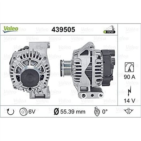 VALEO 439505 Alternateur Intensité de charge de l’alternateur: 90 Amp Rainures: 6 rainures Diamètre de poulie: 55 mm Tension: 14