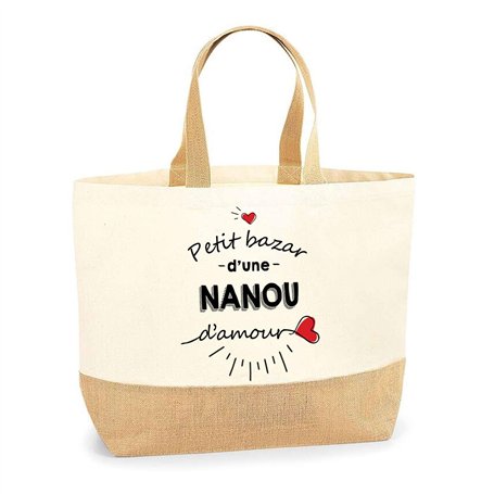Sac Nanou d'Amour | Cabas de Plage Courses Coton et Toile de Jute Idée Cadeau Femme