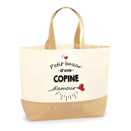 Sac Copine d'Amour | Cabas de Plage Courses Coton et Toile de Jute Idée Cadeau Femme