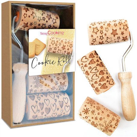 SCRAP COOKING - Kit Cookie Roll avec 3 Mini Rouleaux à Pâtisserie en Bois avec Motifs - Décos Empreintes Gravées en Relief - Mou