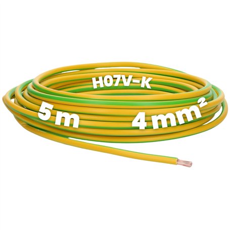 Kalitec Câble de câblage H07V-K 4 mm² vert/jaune - 5 m - Flexible - Câble de terre - Conducteur de protection 4 mm² - Toron simp